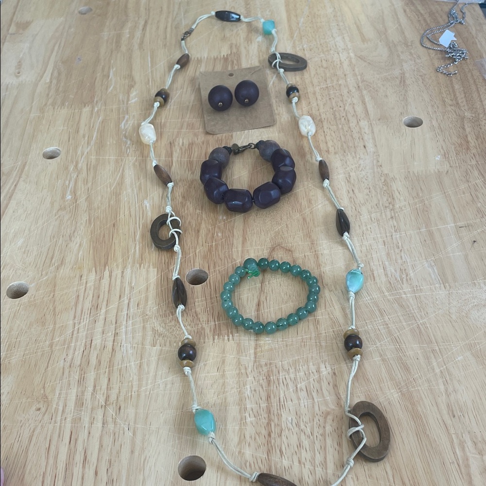 Beaded Jewelry Set with Wooden Accents Boho style AMAZONITE stones, and wood.